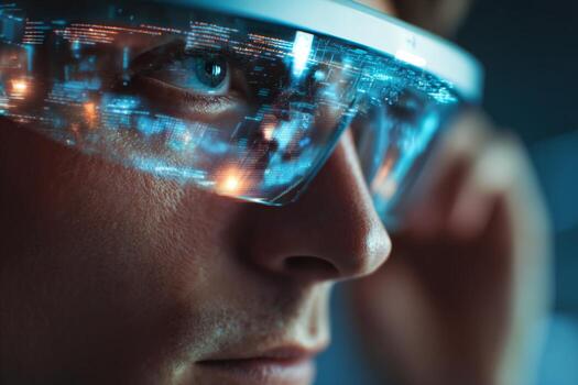 A person is engaged with augmented reality using smart glasses that display interactive visuals and data, enhancing their understanding of technology. The setting emphasizes innovation photo