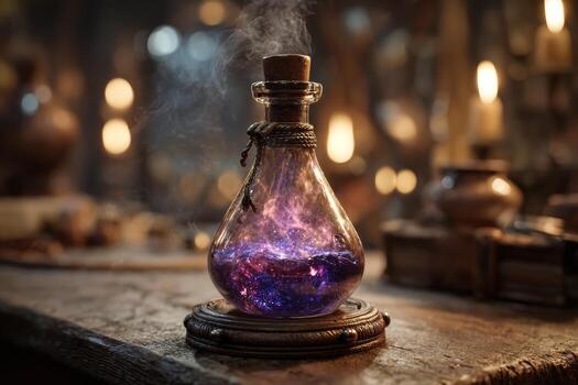 A luminous potion bottle showcases swirling liquid and mist, resting on a rustic wooden alchemists table. The enchanting glow illuminates the surrounding area with a magical vibe photo