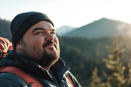 A plus-size man takes a moment to reflect while hiking in the mountains, surrounded by breathtaking scenery as the sun rises. His peaceful expression conveys a sense of adventure and tranquility photo