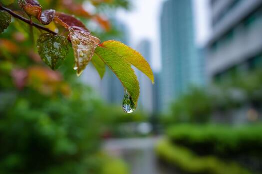 Raindrop clings to the edge of a green leaf in a small urban garden as blurred city buildings stand tall in the background, reflecting a calm rainy day photo