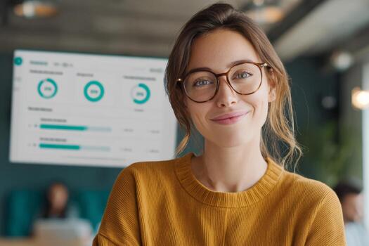 Close-up view of a digital platform showing a progress tracker with completed lessons and achievements. A smiling student stands nearby, celebrating her learning success in a contemporary environment photo
