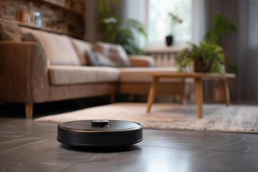 In a cozy living room adorned with plants and a comfortable sofa, a robot vacuum navigates smoothly around furniture, maintaining a spotless floor with effortless precision photo