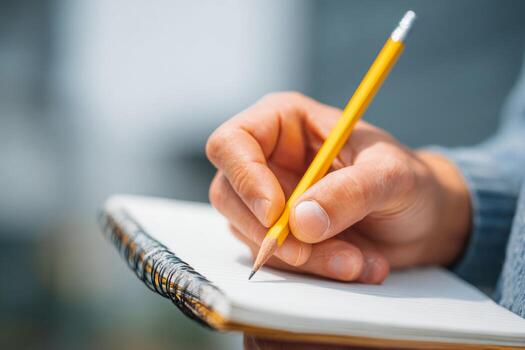 A student is holding a sharpened pencil and a blank notebook, preparing to take notes. The focus is on their intent to capture important information during study time photo