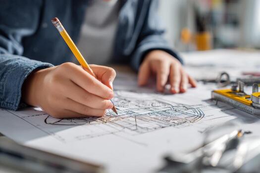 A young person works diligently on architectural drawings, using a pencil to sketch detailed plans on paper. The workspace is organized with various tools for design and layout photo