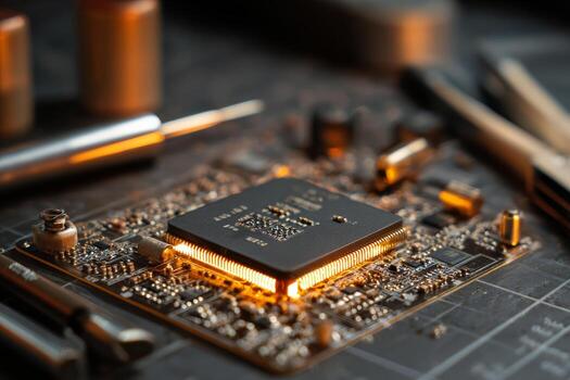 A close-up view reveals a soldered circuit board glowing softly amidst tools and wires on a work mat, showcasing intricate electronic components in a detailed workspace photo
