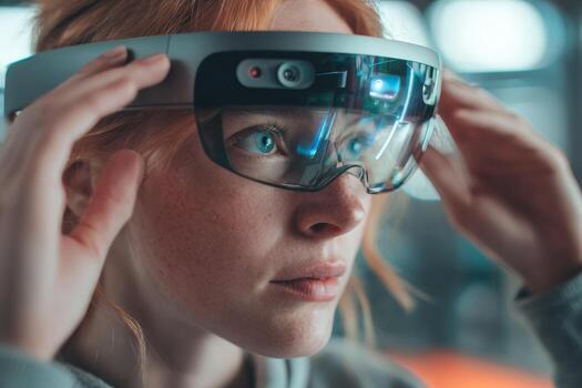 un joven mujer ajusta su aumentado realidad auriculares mientras enfoque en un digital mostrar. ella aparece comprometido y curioso acerca de el virtual elementos alrededor su en un contemporáneo ambiente foto