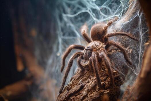 un grande tarántula es encaramado en un pedazo de ladrar, rodeado por intrincado webs en sus natural hábitat. luz de sol filtros a través de, destacando el arañas detalles y el textura de sus alrededores foto