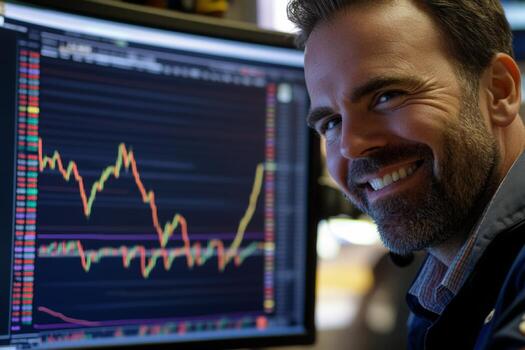 Trader exudes satisfaction while studying a rising stock chart on his monitor. The atmosphere is lively, filled with the energy of market movements and trading activities photo