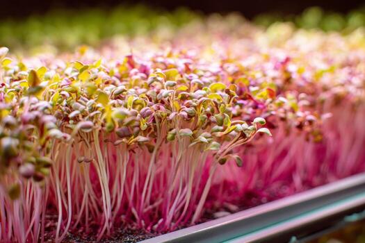 Trays filled with vibrant microgreens are flourishing in a compact vertical gardening setup indoors, displaying a healthy growth pattern and ready for harvest photo