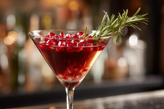 Close-up of a kombucha mocktail in a martini glass, garnished with pomegranate arils and rosemary, displayed on a stylish bar counter in a vibrant setting. Colorful bottles create a lively backdrop photo