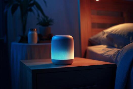 Close-up view of a voice-controlled speaker softly lighting up on a nightstand, interacting with a bedtime request in a tranquil bedroom setting during nighttime photo