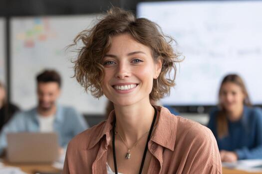 Close-up of a teacher smiling while explaining a concept during an online lesson. A whiteboard in the background highlights teaching tools, creating an interactive atmosphere for students photo