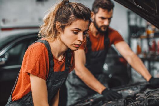 Two mechanics focus on a car engine in an auto repair shop. They examine the components closely, wearing work attire and gloves as they troubleshoot the vehicle photo