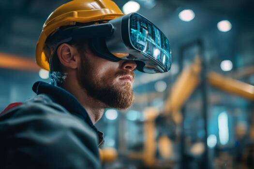 In a high-tech factory, a worker wearing virtual reality glasses operates industrial machinery remotely. The futuristic environment showcases advanced manufacturing techniques and safety gear photo