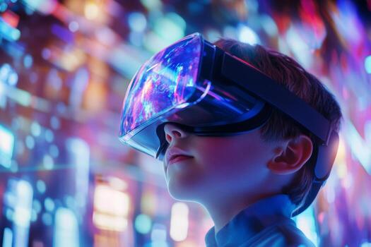 A young boy experiences immersive virtual reality wearing a sleek headset. He is surrounded by colorful, dynamic holographic projections that create a captivating atmosphere photo
