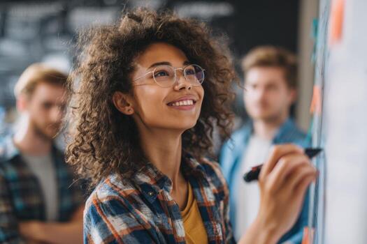 Close-up of a young person with curly hair and glasses enthusiastically presenting ideas on a whiteboard during a group study session in a creative learning space photo