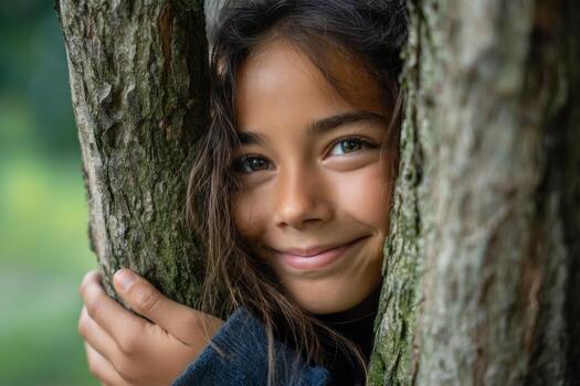 A joyful young individual is embracing a tree, smiling peacefully. The scene captures a serene moment in nature, surrounded by greenery and warm light photo