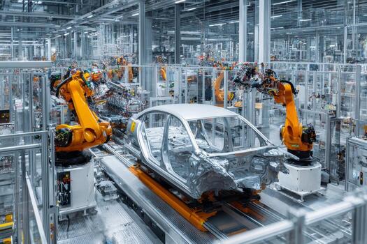 Close-up view of an assembly line dedicated to producing car parts, highlighting robotic arms working with high precision and efficiency in a modern industrial facility photo