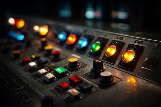 X-ray control panel glows softly with various buttons and dials, indicating readiness for operation in a medical setting during evening hours, showcasing advanced technology photo