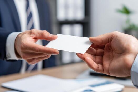 Two hands are engaged in the exchange of business cards in a professional office environment. The activity highlights networking and connection during a business meeting photo