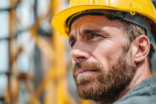 A construction worker wearing a yellow hard hat observes the progress of a building project. The setting features cranes and building materials under clear skies, highlighting a busy work environment photo