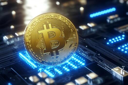 A golden Bitcoin coin stands prominently in a digital matrix filled with intricate circuitry, illuminated by blue glowing lights, showcasing the intersection of technology and currency photo