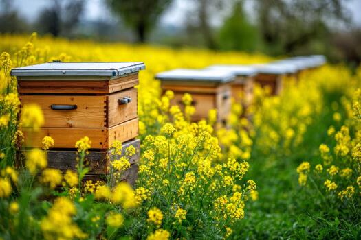 colmenas son arreglado pulcramente en un floreciente campo lleno con brillante amarillo flores el escena capturas el esencia de primavera, con claro cielo mejorando el paisaje foto