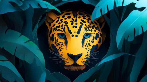 A jaguars face appears in a lush tropical rainforest, surrounded by vibrant foliage. The hollow design creates a captivating interplay of light and shadow, enhancing its 3D realism photo