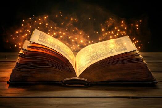An open book rests on a wooden surface, its glowing pages emitting a magical light that sparkles in the dark. The illuminating effect creates an enchanting ambiance, suggesting hidden knowledge photo