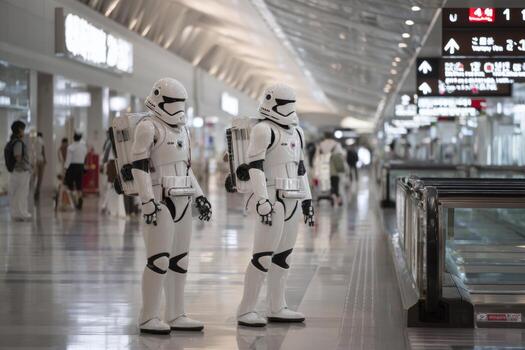 In a spacious airport terminal, two human-like robots stand side by side, showcasing a blend of technology and design as travelers walk by photo