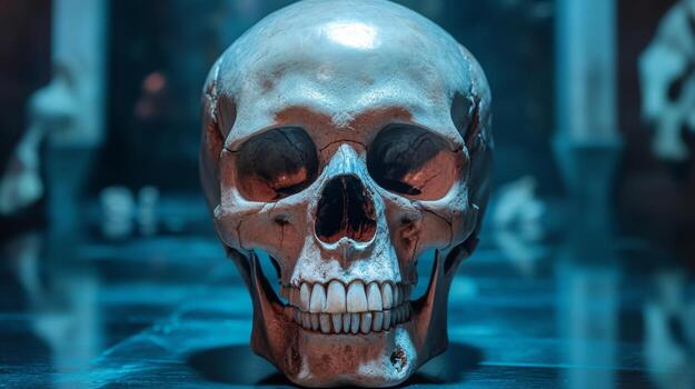 A realistic skull avatar is presented in a captivating environment highlighted by blue lighting. The intricate details of the skull are accentuated, creating an engaging visual focus photo