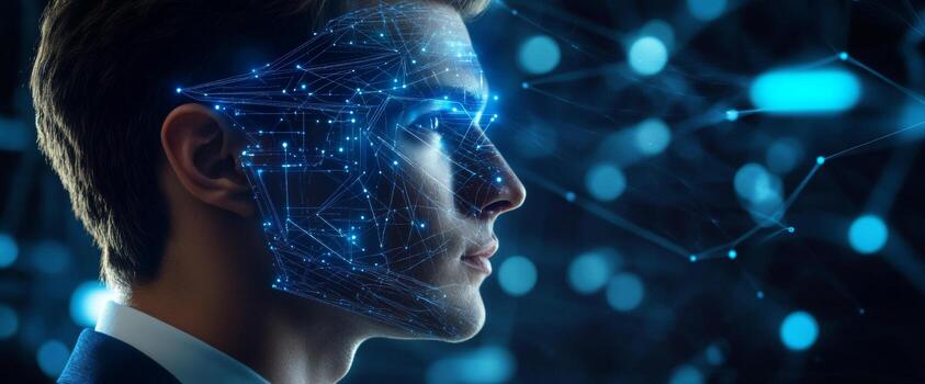 A business man is shown in side profile, gazing thoughtfully into the future of technology photo