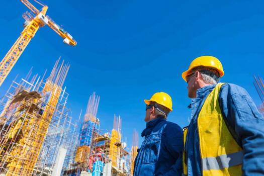 Two construction workers in yellow hard hats and safety vests are looking upwards at a crane lifting building materials at a busy construction site under a clear blue sky photo