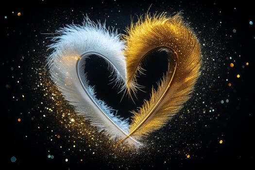White and golden feathers gracefully entwine to create a heart shape, set against a rich black background filled with sparkling particles, showcasing beauty and elegance photo