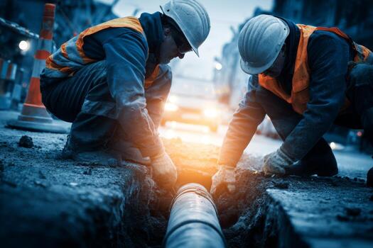 Two construction workers focused on repairing a sewer line in an urban area, surrounded by equipment and illuminated by vehicle lights during dusk photo