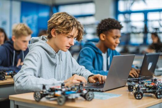 Two students focus on coding for robotics projects at their desks in a bright classroom filled with technology and creative learning tools during a school workshop photo
