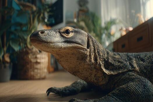 A large lizard relaxes on a wooden floor in a cozy room filled with greenery. Sunlight filters through a nearby window, illuminating the unique textures of its scales photo