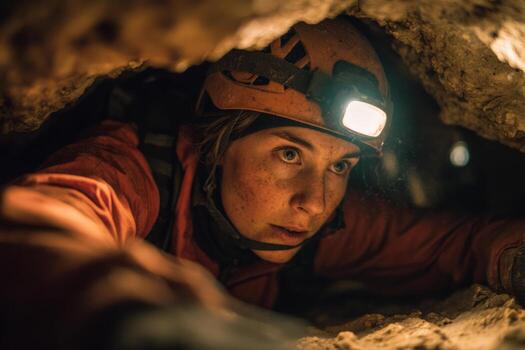 A caver navigates a tight passage in a cave, focused and determined. Wearing a helmet with a headlamp, dirt marks her face, highlighting the challenging exploration of this natural wonder photo