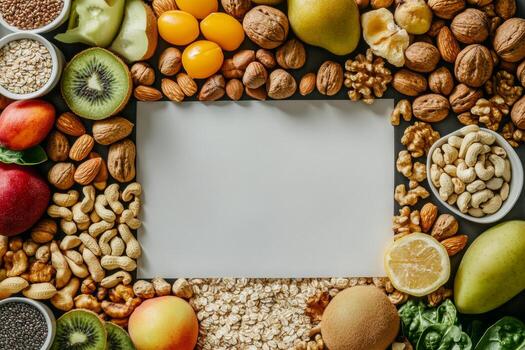 A flat-lay display features a variety of healthy foods including nuts, fruits, and grains surrounding a blank sheet. Ideal for presenting diet management tips or recipes photo