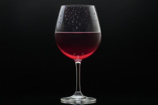 A meticulously crafted glass of red wine showcases droplets on its surface, beautifully set against a deep black background highlighting its elegance and allure photo
