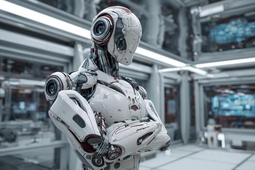A humanoid robot with sleek design and advanced features is positioned in a high-tech laboratory photo