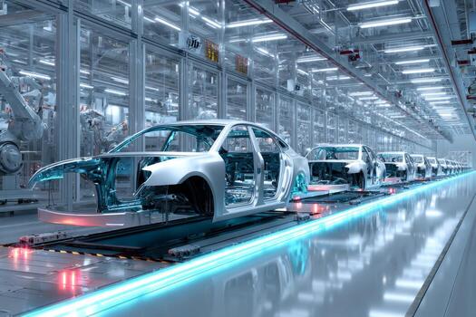 Sleek car frames are automatedly assembled on a futuristic assembly line, showcasing advanced robotics and technology in a modern manufacturing facility photo