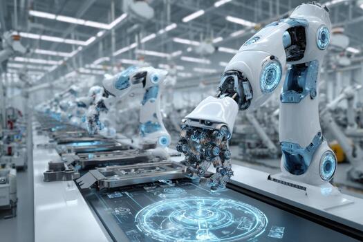 In a cutting-edge factory, advanced robotics are being manufactured by sleek machines featuring holographic interfaces, showcasing modern technology and precision photo