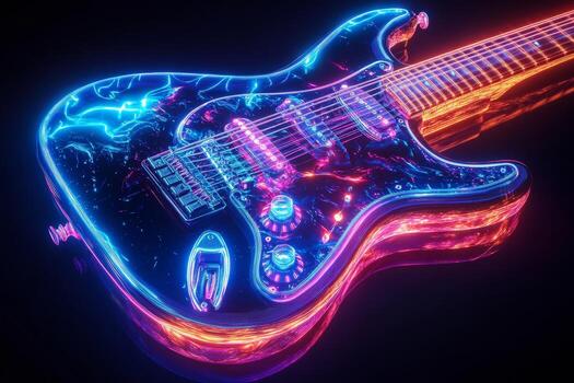 A glowing electric guitar features vibrant neon strings shining brightly against a black background. This striking display highlights the intricate details and colors of the instrument photo