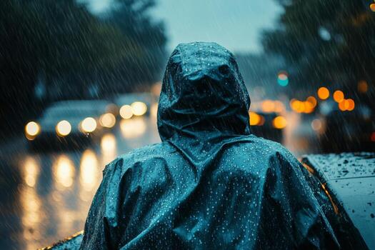 A person dressed in a raincoat is standing on the roadside, seeking a ride while rain pours down. Water droplets cling to the jacket as passing cars create splashes and reflections photo