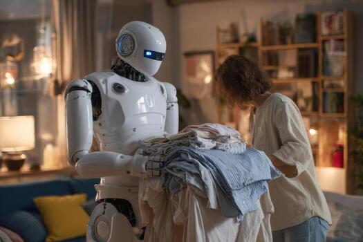 A humanoid robot assists a person in sorting and folding clothes in a stylish living room filled with plants and cozy furnishings in the afternoon light photo