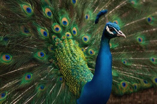 un pavo real muestra sus maravilloso formación de iridiscente plumas en un vibrante jardín. el intrincado patrones y colores brillar en el mediodía sol, capturar el belleza de naturaleza foto