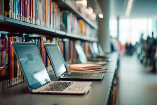 Students are engaged in study sessions at tables in a modern library. Laptops are open and various books are visible on shelves, creating a vibrant academic atmosphere photo