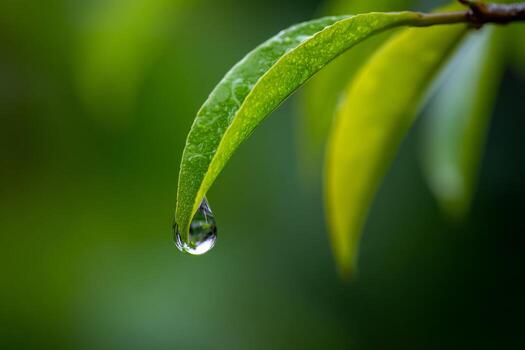 A clear droplet of water hangs delicately from the tip of a vibrant green leaf in a serene garden setting. The background is softly blurred, highlighting the freshness of the scene photo