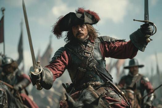 A musketeer leads a charge into battle with several comrades, all wielding swords raised high. The sound of cannons roars in the background, creating a vivid portrayal of a historic conflict photo